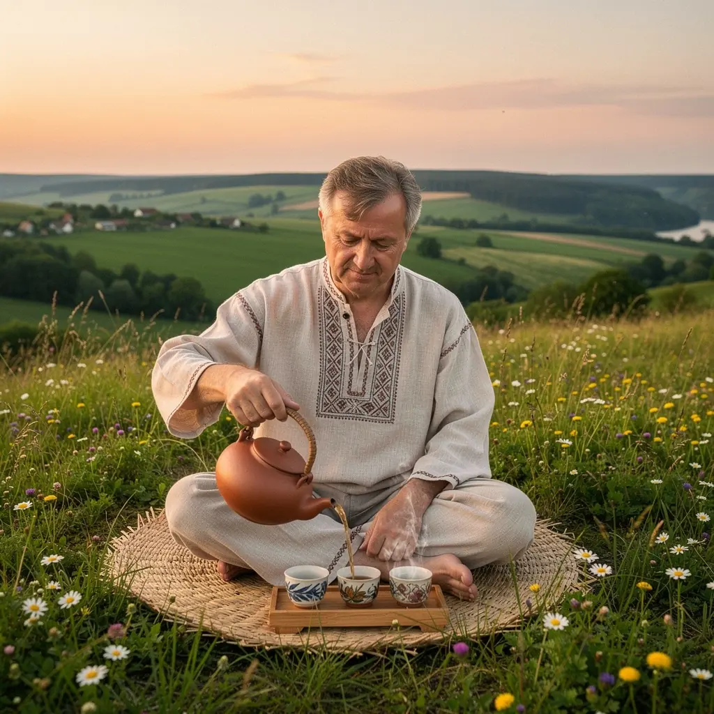 Senovinė arbatos ruošimo metodika su keramikiniu arbatos puodu.