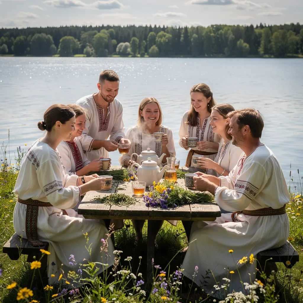 Mėgaujantis arbata, šalia natūralios gamtos ir kultūros simbolių.