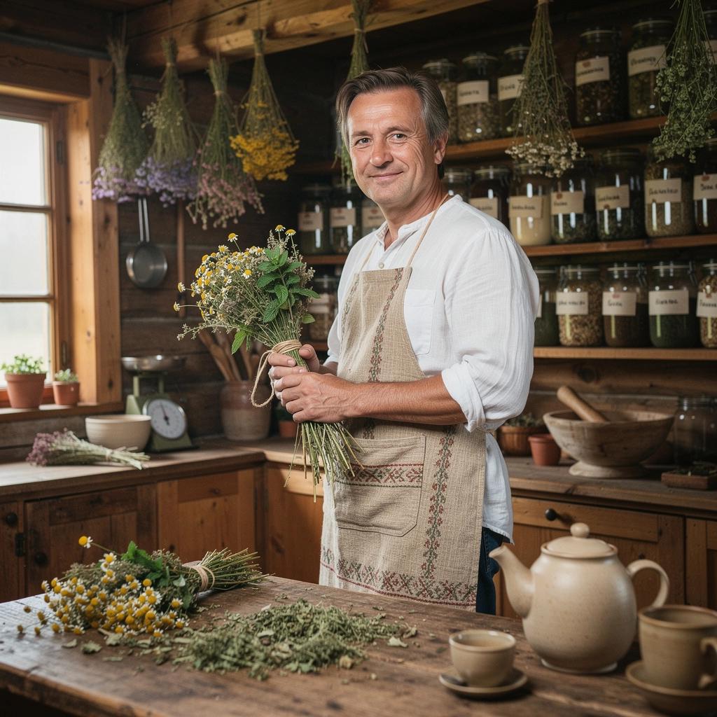 Tradicinės lietuviškos arbatos puodelis su aromatiniais žolelėmis.