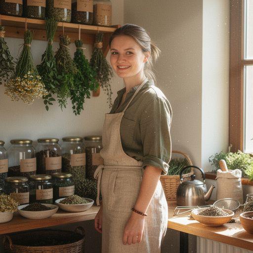 Lietuviškų augalų infuzijos buteliai, išdėstyti ant medinio stalo.